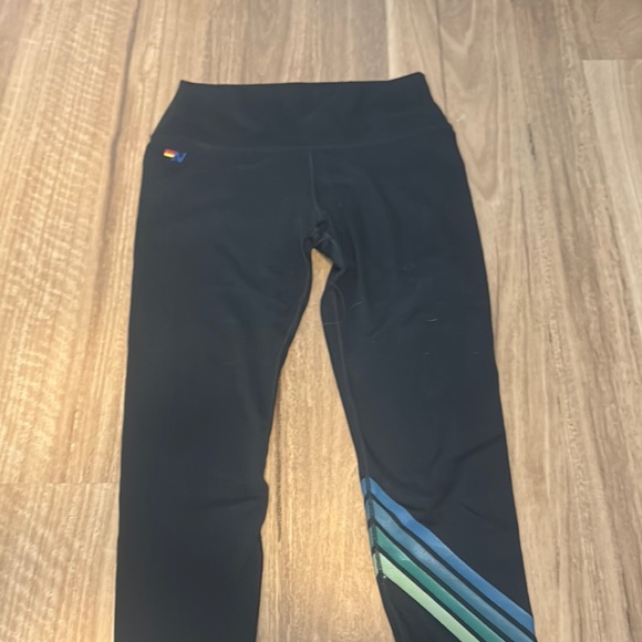 Aviator Nation Black Leggings with Blue and Green Stripes - Picture 1 of 3